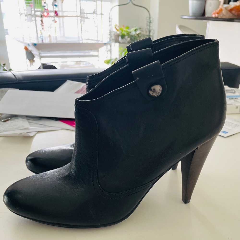 Coach Aliza Black Leather High Heeled Ankle Booties Slip On